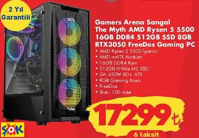 GAMERS ARENA SANGAL THE MYTH AMD RYZEN 5 5500 16GB DDR4 512GB SSD 8GB RTX3050 FREEDOS GAMİNG PC/OYUN BİLGİSAYARI